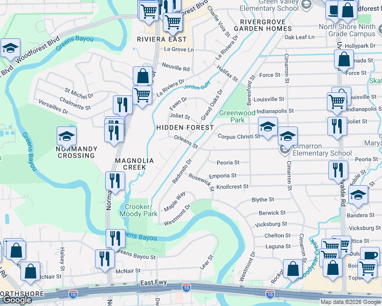 map of restaurants, bars, coffee shops, grocery stores, and more near 809 Redondo Drive in Houston