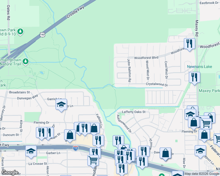 map of restaurants, bars, coffee shops, grocery stores, and more near 11602 Crystalwood Drive in Houston