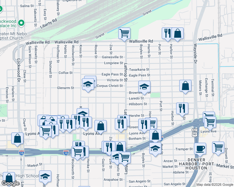 map of restaurants, bars, coffee shops, grocery stores, and more near 6717 Laredo Street in Houston