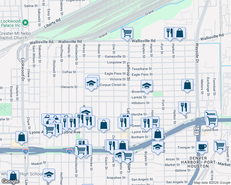 map of restaurants, bars, coffee shops, grocery stores, and more near 6717 Laredo Street in Houston