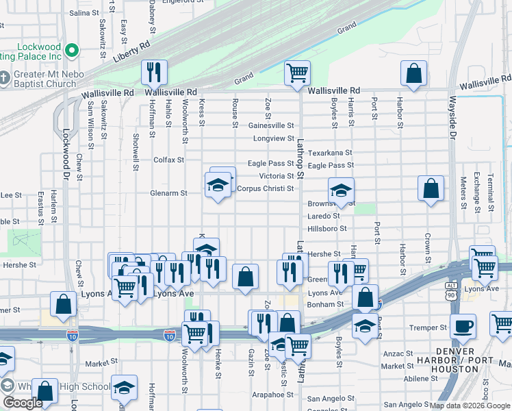 map of restaurants, bars, coffee shops, grocery stores, and more near 6611 Laredo Street in Houston