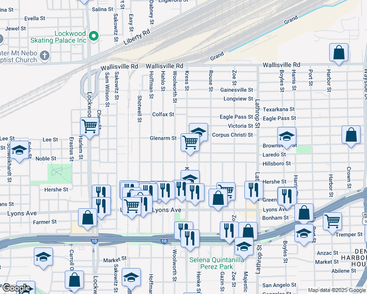 map of restaurants, bars, coffee shops, grocery stores, and more near 6411 Laredo Street in Houston
