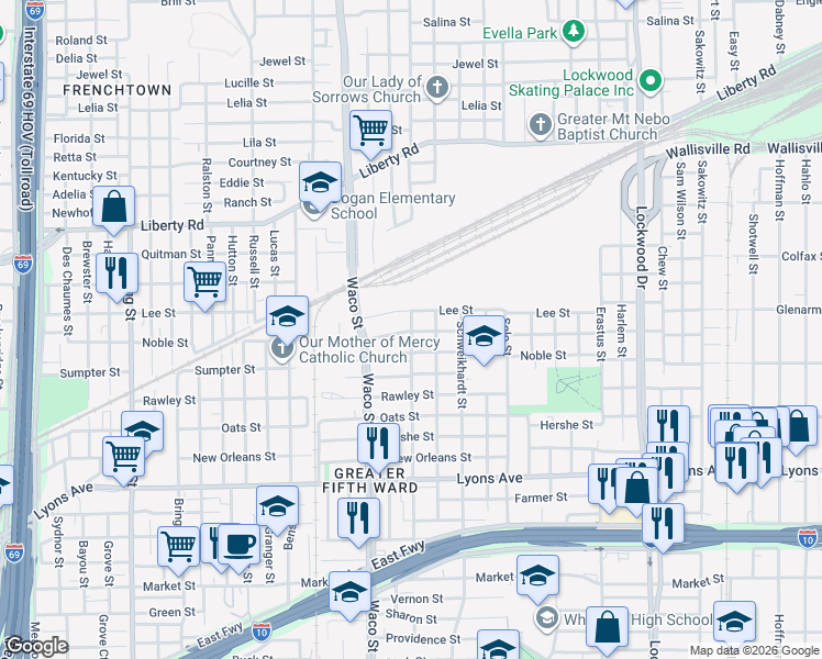 map of restaurants, bars, coffee shops, grocery stores, and more near 4430 Nichols Street in Houston