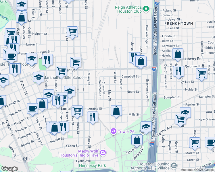 map of restaurants, bars, coffee shops, grocery stores, and more near 2119 Chase Street in Houston