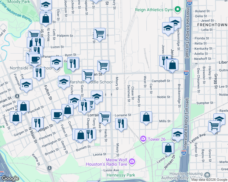 map of restaurants, bars, coffee shops, grocery stores, and more near 2106 Elysian Street in Houston