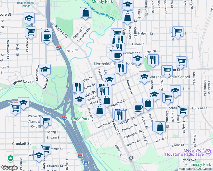 map of restaurants, bars, coffee shops, grocery stores, and more near in Houston
