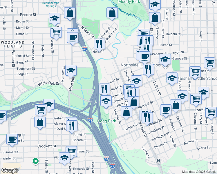 map of restaurants, bars, coffee shops, grocery stores, and more near 2408 Thomas Street in Houston