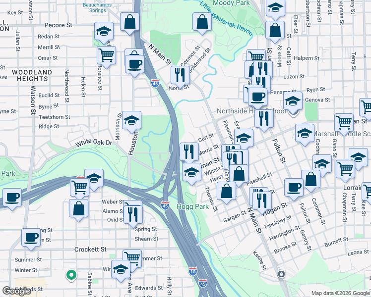 map of restaurants, bars, coffee shops, grocery stores, and more near 2408 Thomas Street in Houston