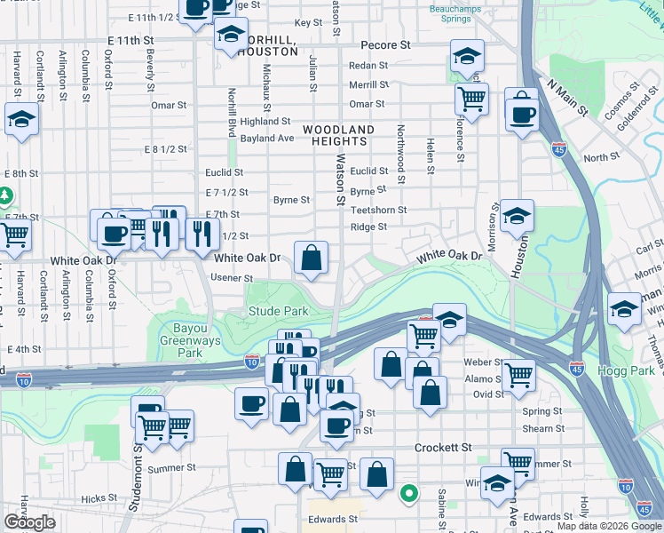 map of restaurants, bars, coffee shops, grocery stores, and more near 736 Usener Street in Houston