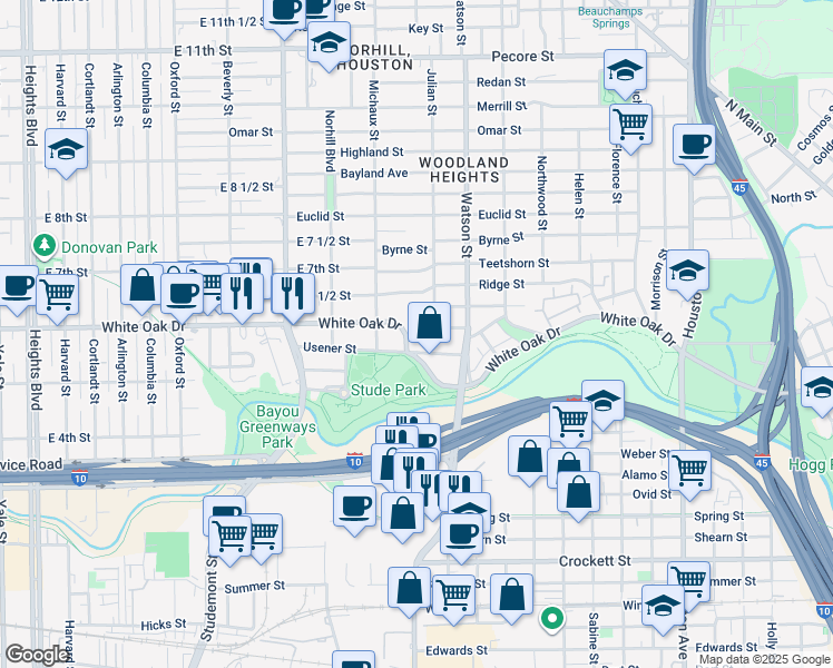 map of restaurants, bars, coffee shops, grocery stores, and more near 2400 Julian Street in Houston