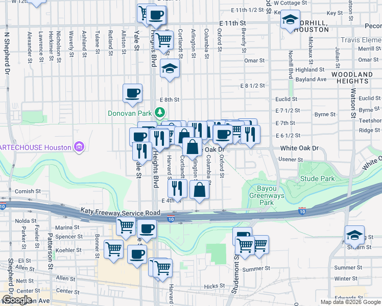 map of restaurants, bars, coffee shops, grocery stores, and more near 536 Arlington Street in Houston