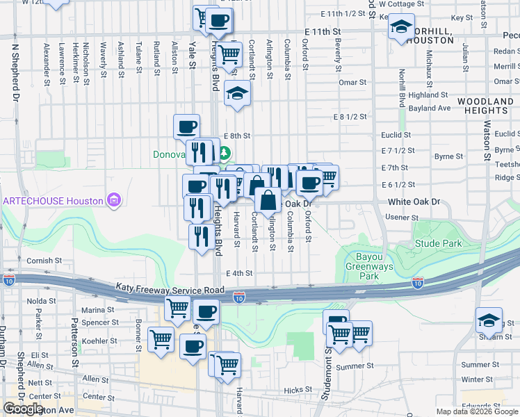 map of restaurants, bars, coffee shops, grocery stores, and more near 537 Cortlandt Street in Houston