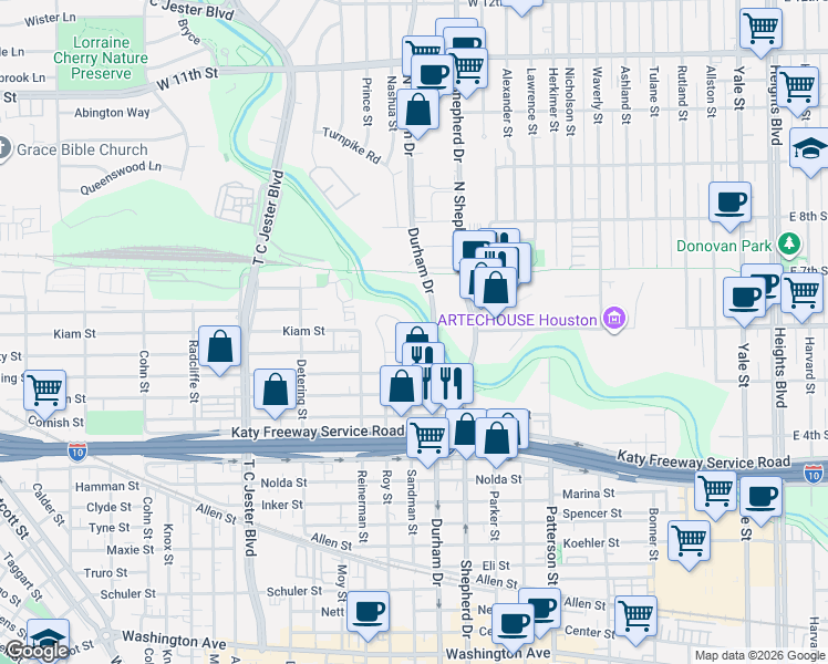 map of restaurants, bars, coffee shops, grocery stores, and more near 2535 Roy Circle in Houston
