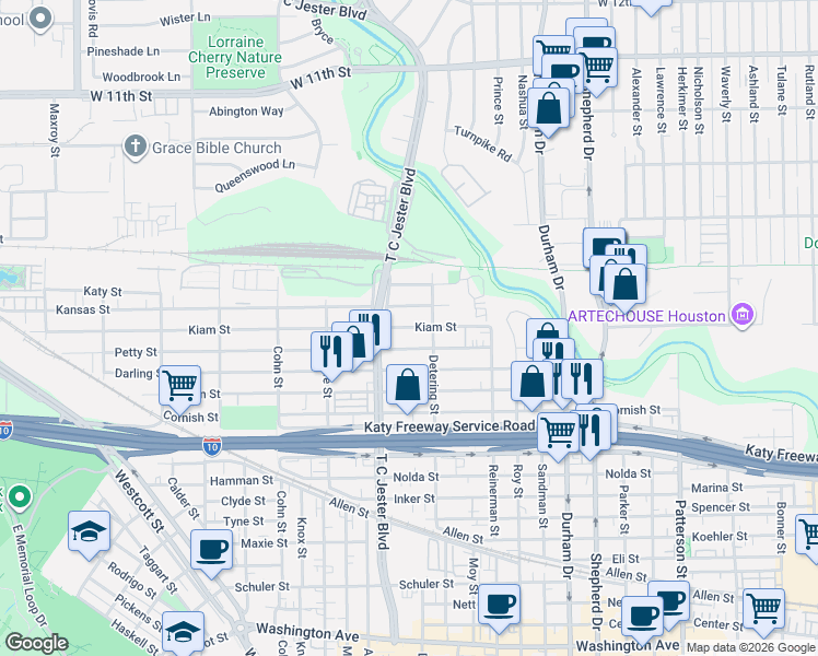 map of restaurants, bars, coffee shops, grocery stores, and more near 5315 Kiam Street in Houston