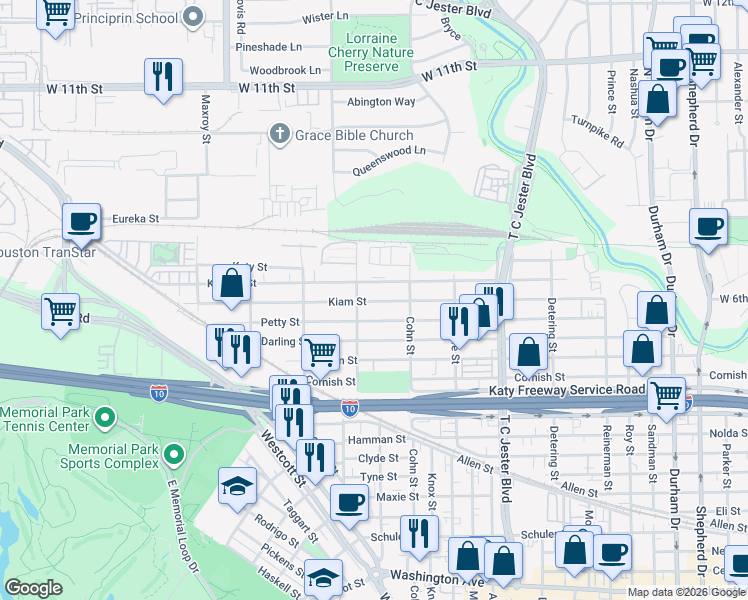 map of restaurants, bars, coffee shops, grocery stores, and more near 5639 Kiam Street in Houston