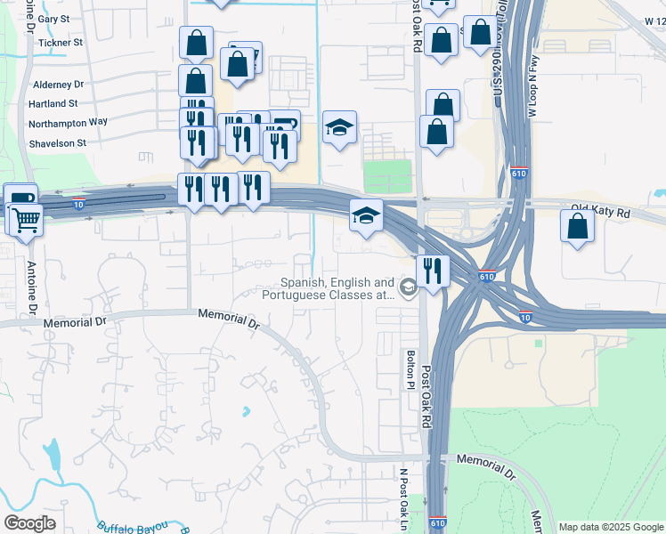 map of restaurants, bars, coffee shops, grocery stores, and more near 8906 Chatsworth Drive in Houston
