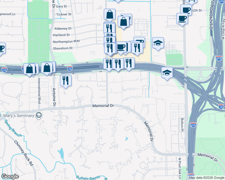 map of restaurants, bars, coffee shops, grocery stores, and more near 9245 Wickford Drive in Houston