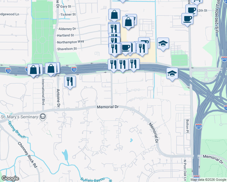 map of restaurants, bars, coffee shops, grocery stores, and more near 9245 Wickford Drive in Houston