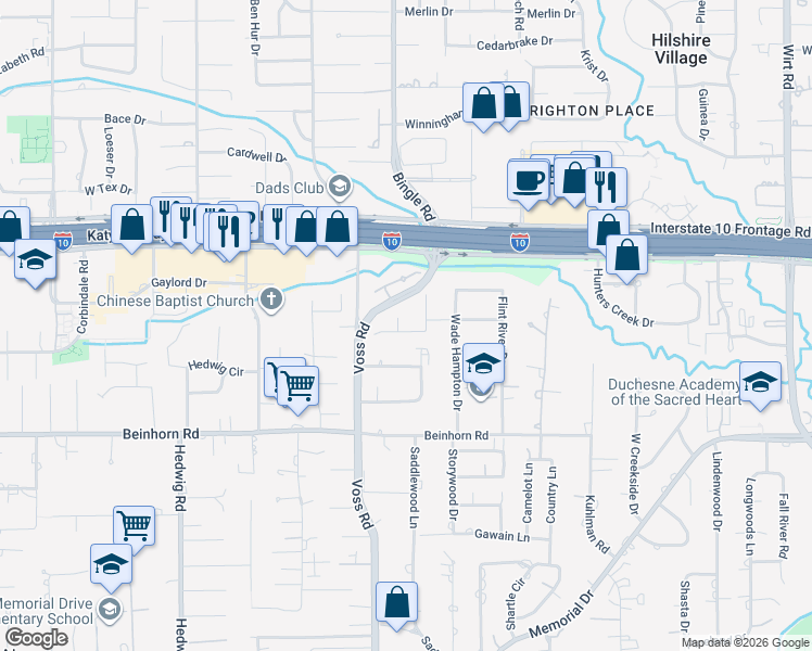 map of restaurants, bars, coffee shops, grocery stores, and more near 10715 Oak Valley Drive in Houston