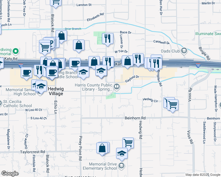 map of restaurants, bars, coffee shops, grocery stores, and more near 901 Corbindale Road in Houston