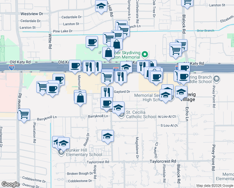 map of restaurants, bars, coffee shops, grocery stores, and more near 935 Karos Lane in Houston
