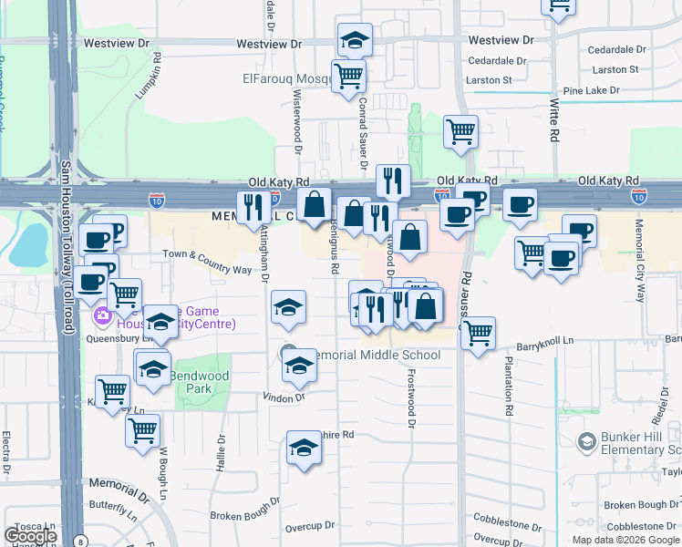 map of restaurants, bars, coffee shops, grocery stores, and more near 12463 Mooremeadow Lane in Houston