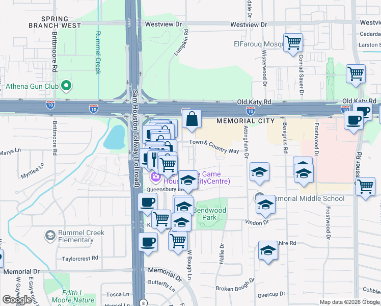 map of restaurants, bars, coffee shops, grocery stores, and more near 800 Town and Country Boulevard in Houston