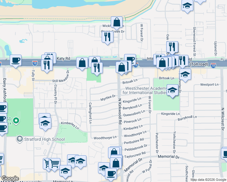 map of restaurants, bars, coffee shops, grocery stores, and more near 14002 Myrtlea Drive in Houston