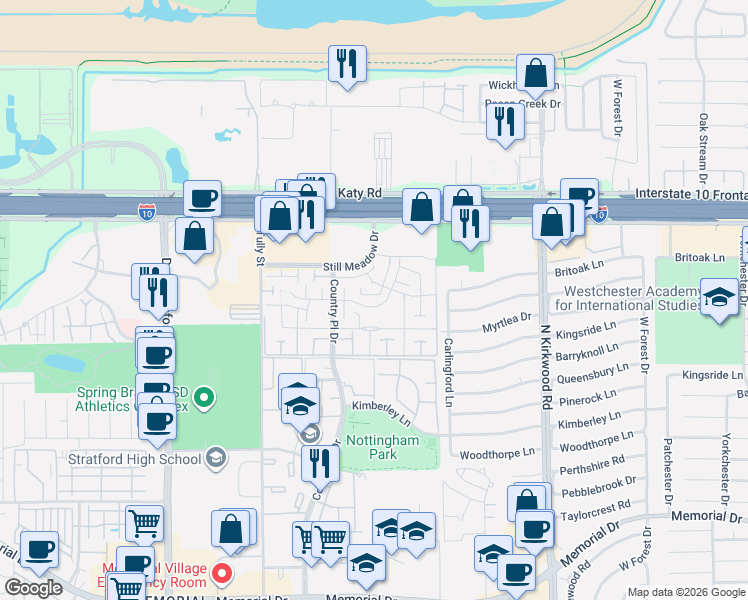 map of restaurants, bars, coffee shops, grocery stores, and more near 14342 Country Place Circle in Houston