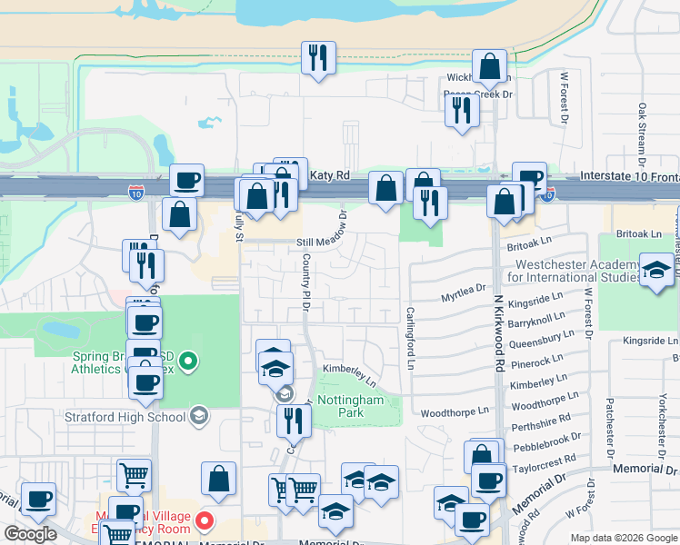 map of restaurants, bars, coffee shops, grocery stores, and more near 14316 Misty Meadow Lane in Houston