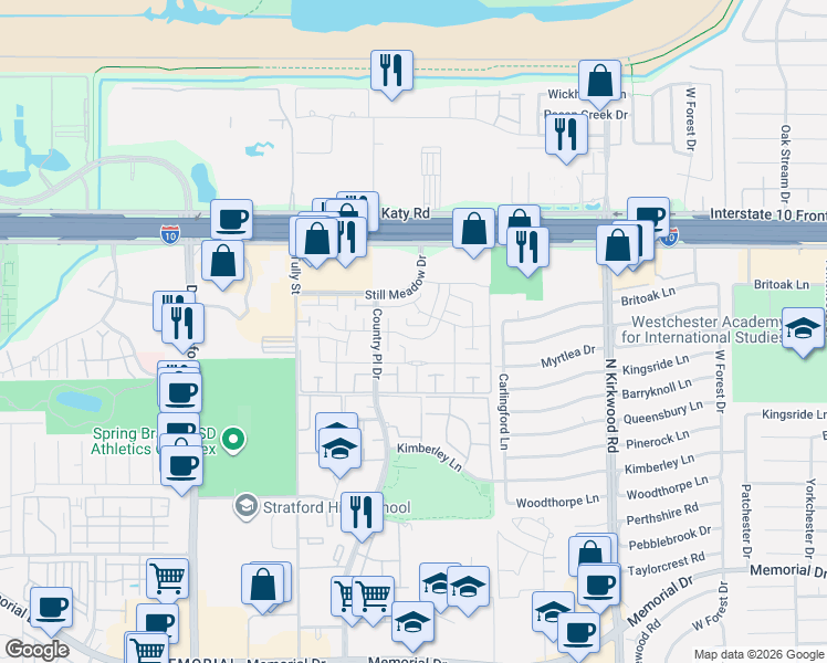 map of restaurants, bars, coffee shops, grocery stores, and more near 14316 Misty Meadow Lane in Houston