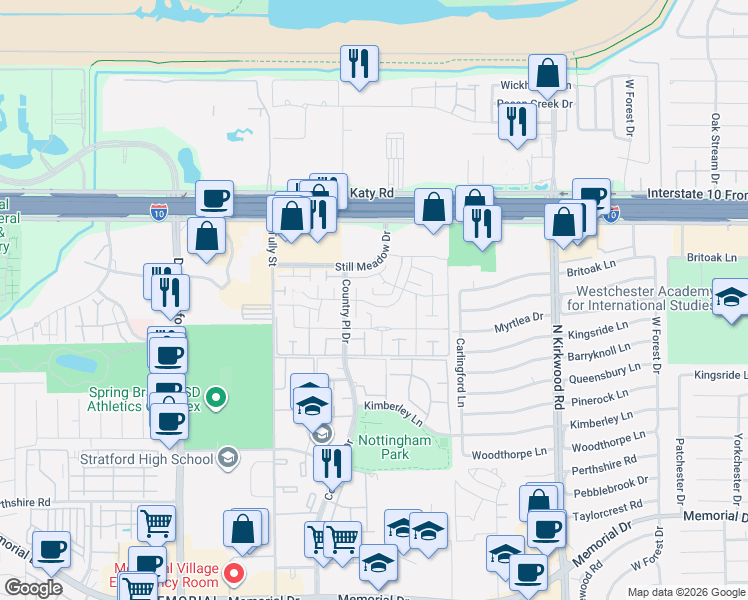 map of restaurants, bars, coffee shops, grocery stores, and more near 14316 Misty Meadow Lane in Houston