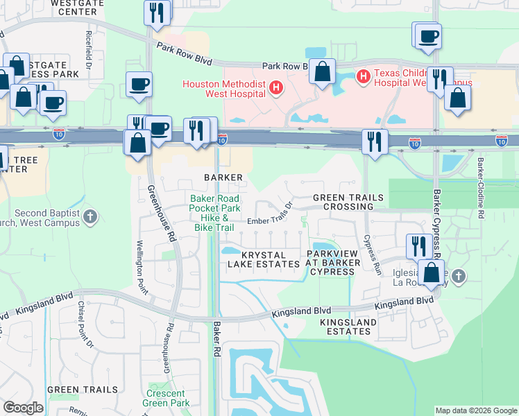 map of restaurants, bars, coffee shops, grocery stores, and more near 223 Wild Oak Run in Houston
