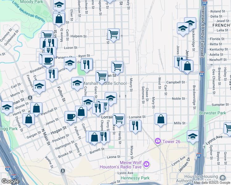 map of restaurants, bars, coffee shops, grocery stores, and more near 1602 Lee Street in Houston