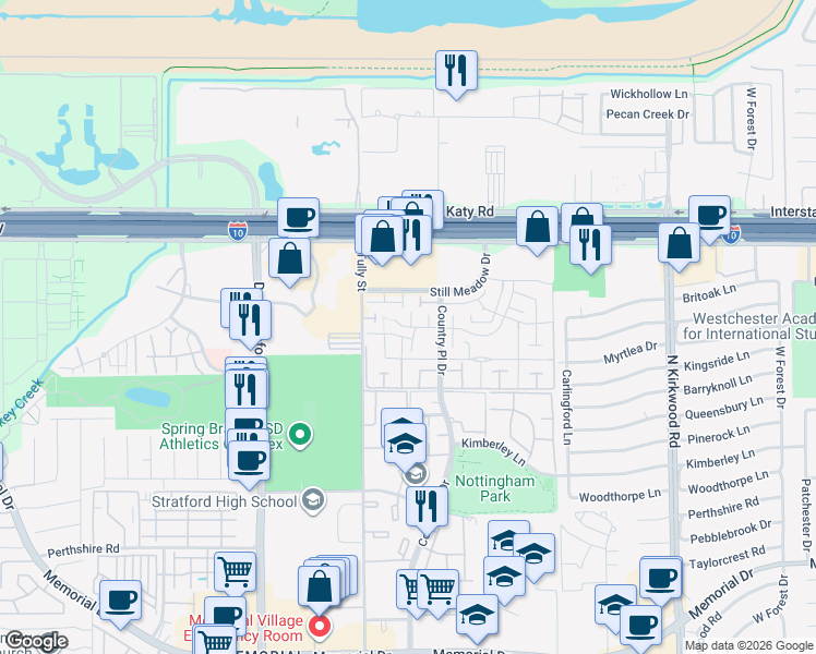 map of restaurants, bars, coffee shops, grocery stores, and more near 1015 Country Place Circle in Houston