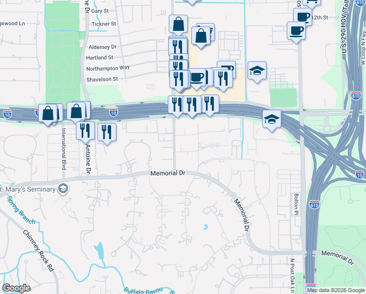 map of restaurants, bars, coffee shops, grocery stores, and more near 9245 Wickford Drive in Houston