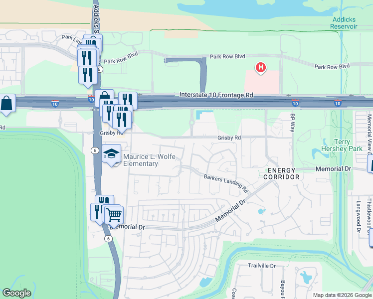 map of restaurants, bars, coffee shops, grocery stores, and more near 403 Sandy Bluff in Houston