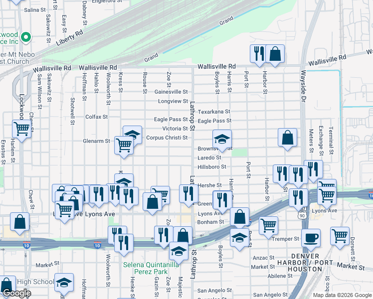 map of restaurants, bars, coffee shops, grocery stores, and more near 415 Lathrop Street in Houston