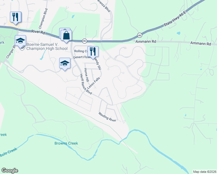 map of restaurants, bars, coffee shops, grocery stores, and more near 100 Rattlesnake Bluff in Boerne