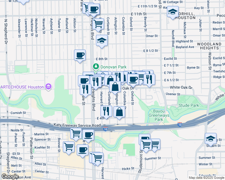 map of restaurants, bars, coffee shops, grocery stores, and more near 536 Arlington Street in Houston