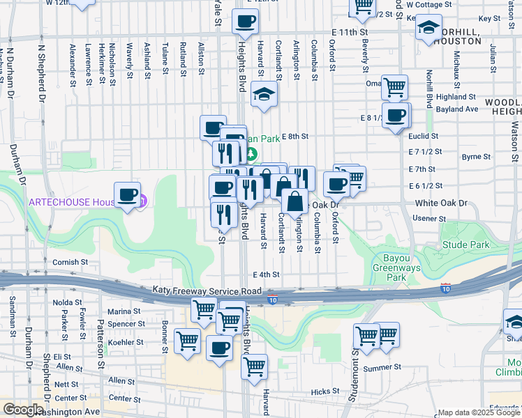 map of restaurants, bars, coffee shops, grocery stores, and more near 550 Heights Boulevard in Houston