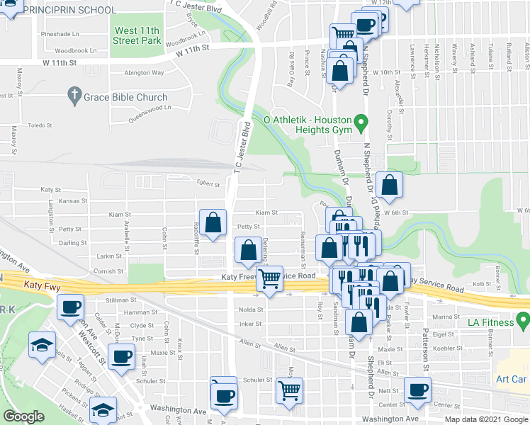 map of restaurants, bars, coffee shops, grocery stores, and more near Detering St & Kiam St in Houston
