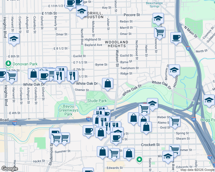 map of restaurants, bars, coffee shops, grocery stores, and more near 2400 Julian Street in Houston