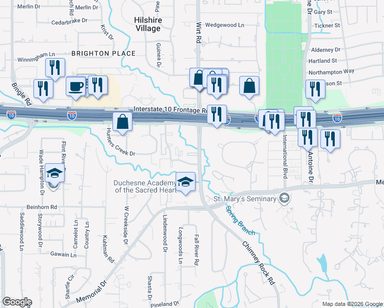 map of restaurants, bars, coffee shops, grocery stores, and more near 8222 Kingsbrook Road in Houston