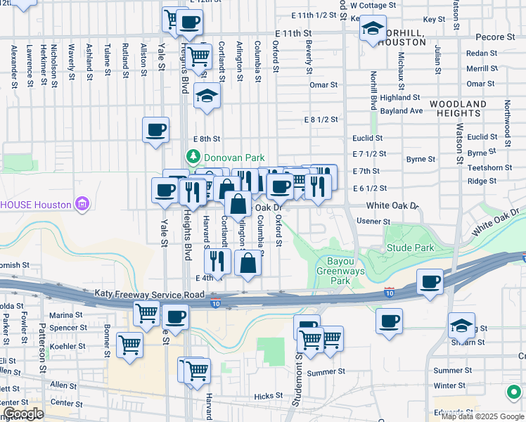 map of restaurants, bars, coffee shops, grocery stores, and more near 536 Columbia Street in Houston