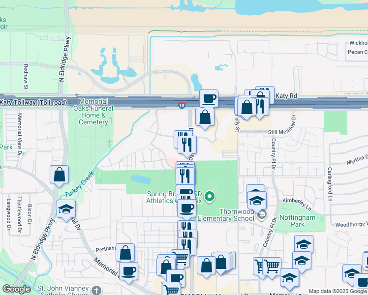 map of restaurants, bars, coffee shops, grocery stores, and more near 1155 Dairy Ashford Road in Houston