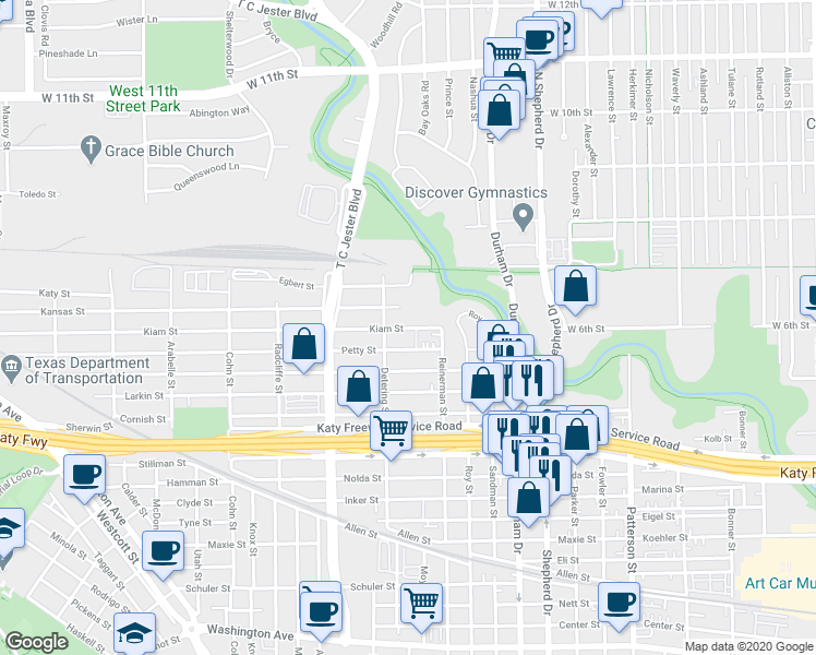 map of restaurants, bars, coffee shops, grocery stores, and more near 5224 Kiam Street in Houston