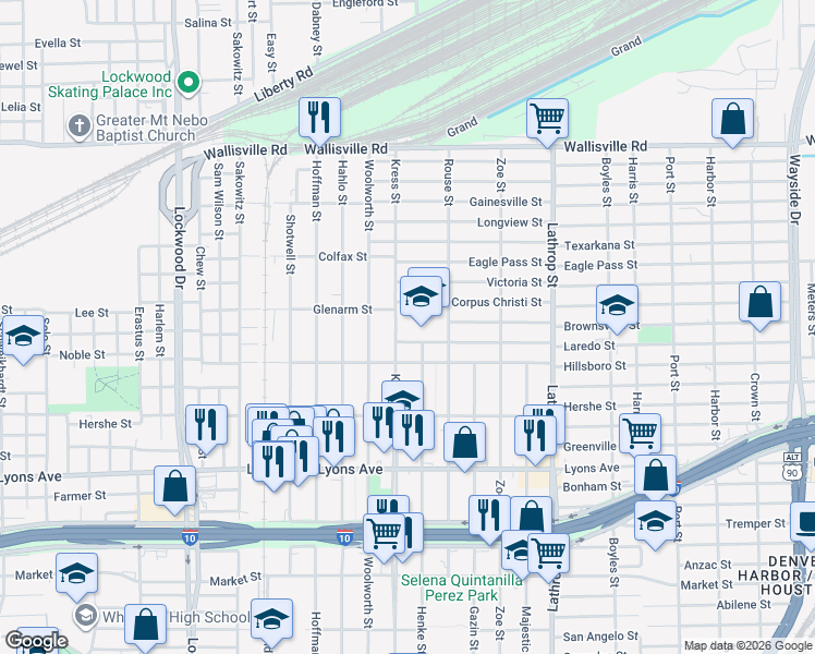map of restaurants, bars, coffee shops, grocery stores, and more near 6411 Laredo Street in Houston