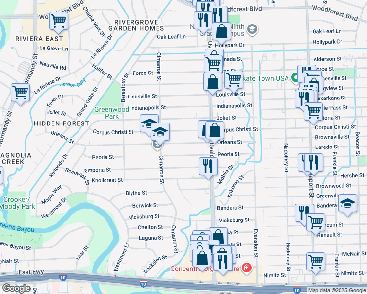map of restaurants, bars, coffee shops, grocery stores, and more near 13355 Peoria Street in Houston