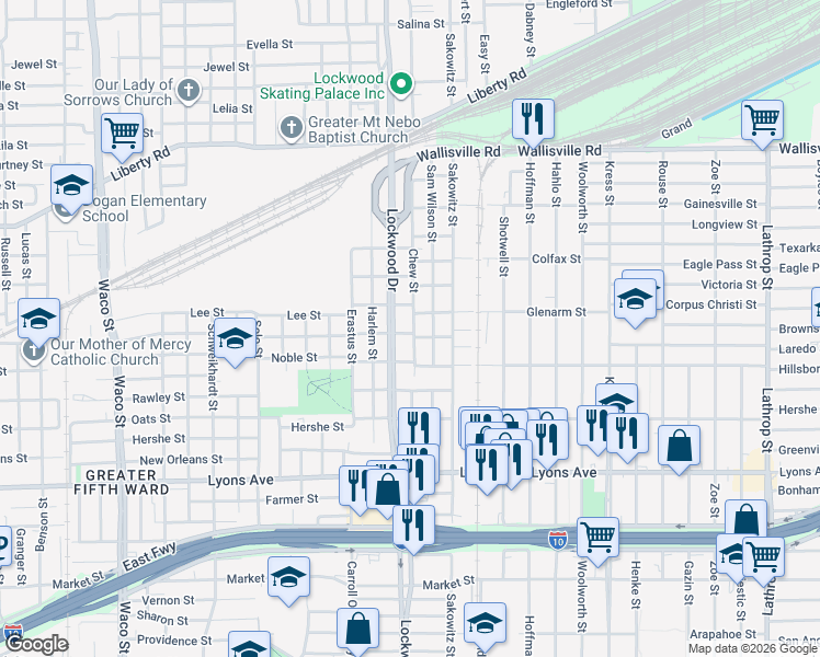 map of restaurants, bars, coffee shops, grocery stores, and more near 5614 Nichols Street in Houston